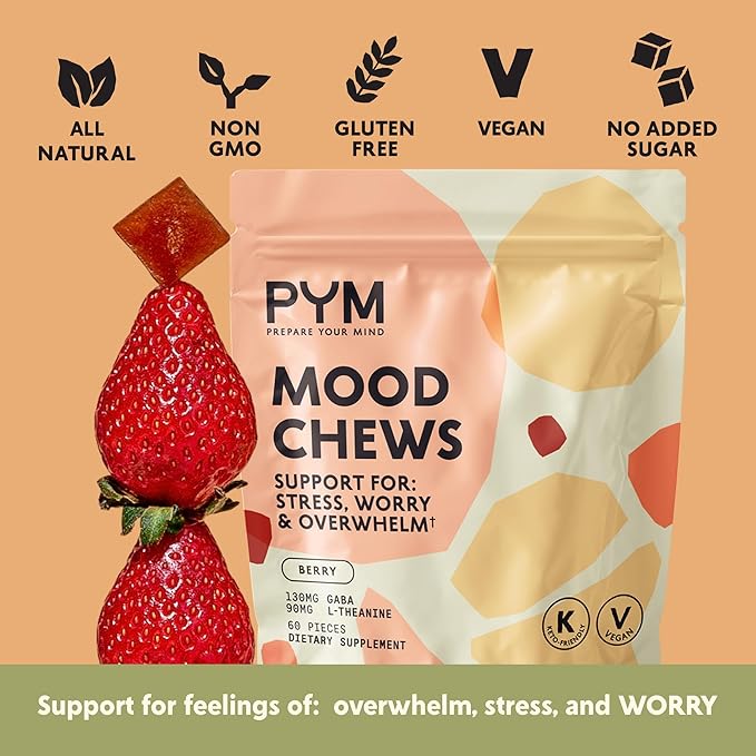 PYM Berry Mood Chews Support for Stress, Worry & Overwhelm, 60 Count | 130mg GABA, 90mg L-Theanine | Vegan,Non-GMO, Gluten-Free,No Added Sugar | All-Natural Mood Balance Supplement in Resealable Bag