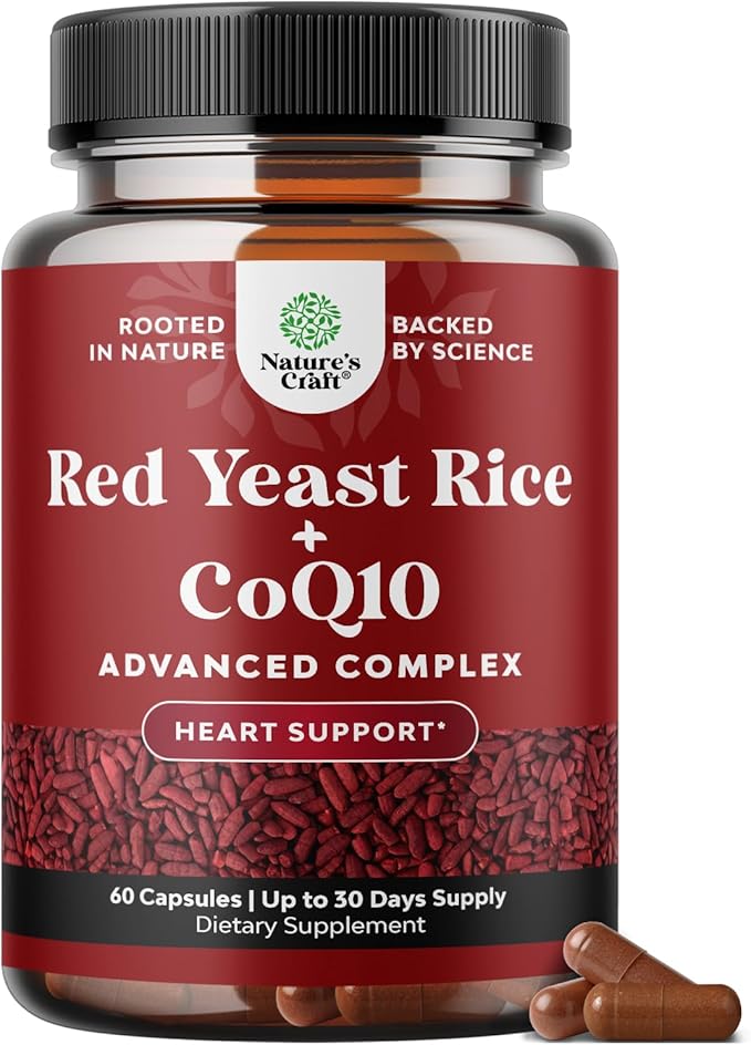 Red Yeast Rice with CoQ10 Supplement - Advanced Healthy Heart & Healthy Cholesterol Levels Formula for Men & Women - Red Yeast Rice Capsules with 1200mg per Serving and CoQ10-60 Count