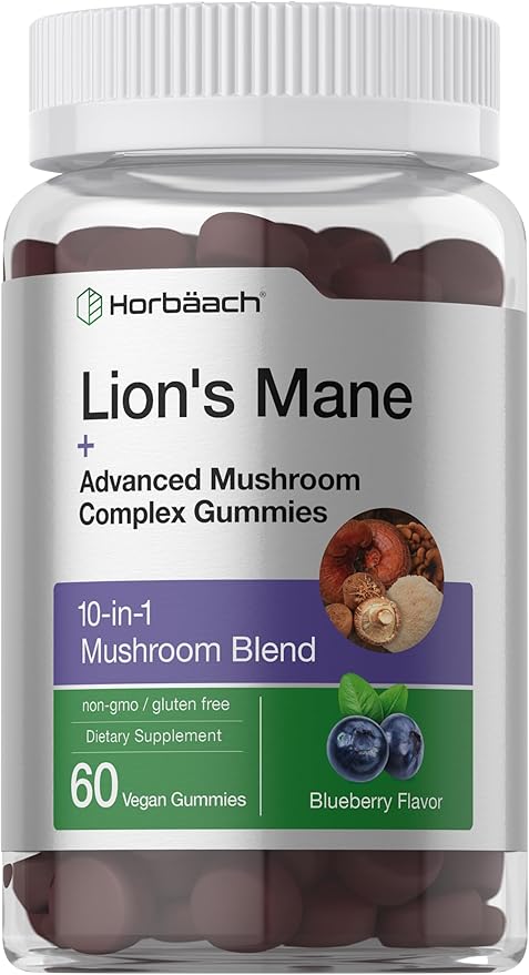 Horbaach Lions Mane Supplement | 60 Gummies | 10-in-1 Mushroom Complex | with Turkey Tail, Reishi, Cordyceps, Chaga, Maitake, and Shiitake | Blueberry Flavor | Non-GMO & Gluten Free