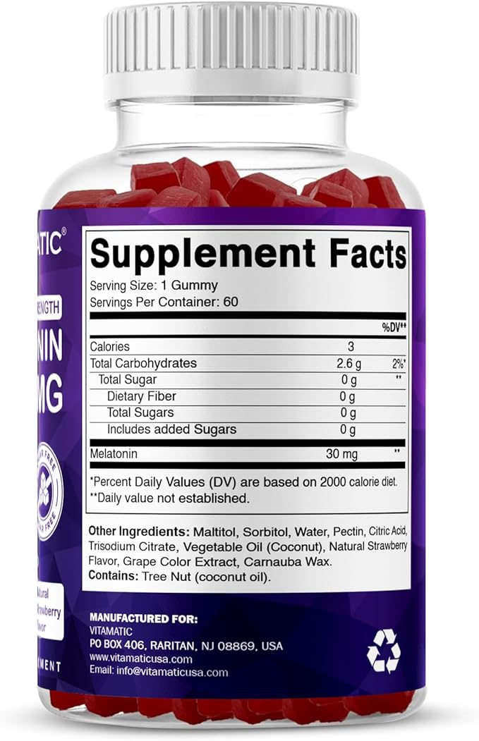 Vitamatic Sugar Free Melatonin 30mg per Gummy - 60 Servings - 60 Vegetarian Gummies - Non-Habit Forming Supplement (60 Count (Pack of 3))