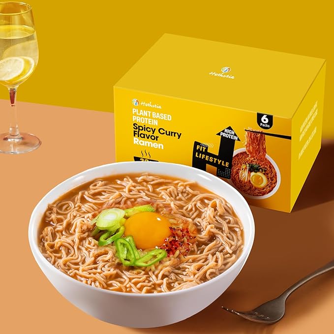 Hethstia Protein Ramen Spicy Curry Flavor, 6-Pack Instant Noodle Soup, 32g Plant-Based Protein, Vegan, Low Fat, Non-GMO, Healthy High Protein Ramen Meal