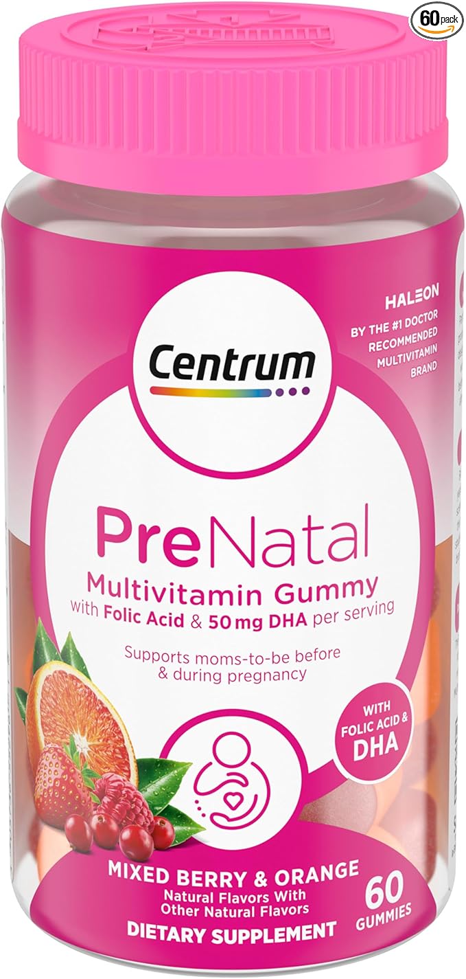 Centrum Prenatal Multivitamin Gummies with DHA and Folic Acid, Mixed Berry and Orange Flavors - 60 Count, 30 Day Supply