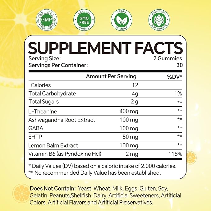 L-Theanine Gummies for Kids & Adults, l'theanine 400mg with Ashwagandha, GABA, 5HTP,L-Theanine Chewable Supplement for Relax, Zzz & Focus Support,Lemon Flavor