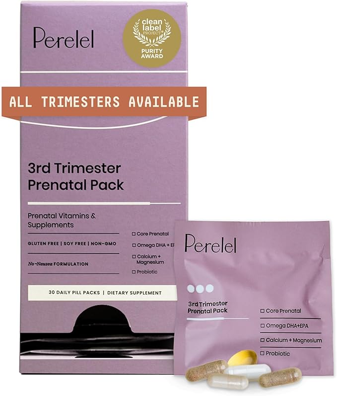 Perelel 3rd Trimester Prenatal Pack, Multivitamin with Magnesium, Omega 3, Probiotics & Calcium, Nutritional Support for Third Trimester Wellness, Soy & Gluten Free, Non GMO, 30 Daily Pill Packs