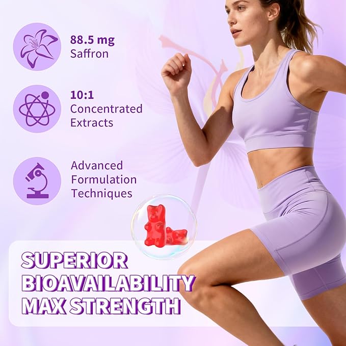 Saffron Gummies, Saffron Supplements for Kids & Adults with Ashwagandha, L-Theanine, Lemon Balm, Vitamin D3, B6, Magnesium & Zinc - Support Focus, Relaxation, Raspberry Flavor, 120 Count