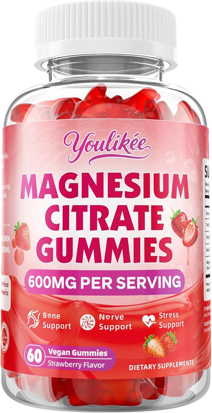 Magnesium Citrate Gummies, High Absorption Magnesium Gummies for Adults, Magnesium Supplement to Support Natural Relaxation, Vegan, Sugar-Free, Strawberry Flavor, 60 Count