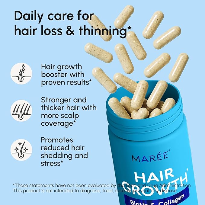 MAREE Hair Growth Vitamins - Faster Thicker Hair Growth Products - Biotin & Collagen Complex Hair Growth Supplements - Hair Vitamins for Hair Loss for Women & Men - Vitaminas Para El Cabello 120 Pills