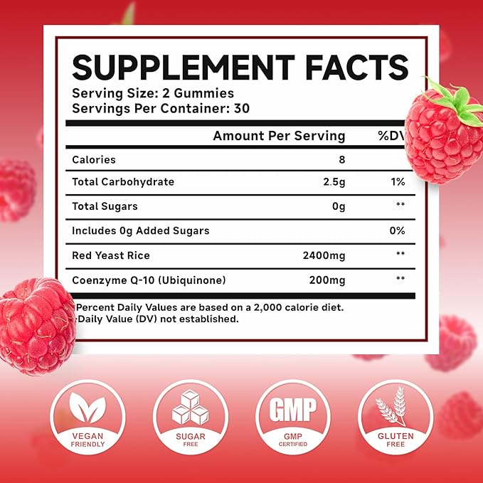 MEENCCD 2 Pack Red Yeast Rice with CoQ10 Gummies, Red Yeast Rice Supplement with Coenzyme Q10 for Overall Well-Being, Sugar Free, Vegan, Raspberry Flavor, 120 Count