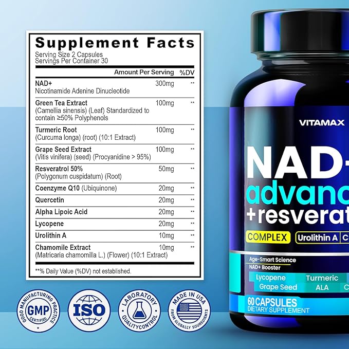 Liposomal NAD+ Supplement Extra Strength | Urolithin A, Resveratrol, CoQ10 - Women & Men - ALA, Green Tea, Quercetin, Lycopene | High Purity, Energy & Regeneration - Made in USA – 60ct