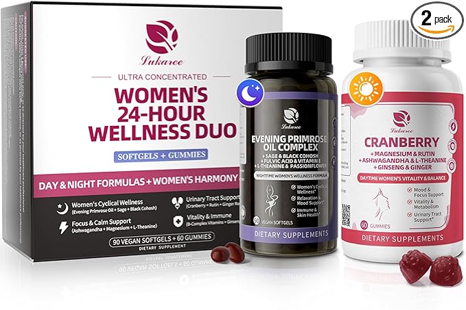 Lukaree Evening Primrose Oil & Cranberry Wellness Duo – Supports Urinary Health, Hormonal Balance, Skin Health, Stress Relief, and Relaxation – Daytime Clarity & Nighttime Calm – 30-Day Supply