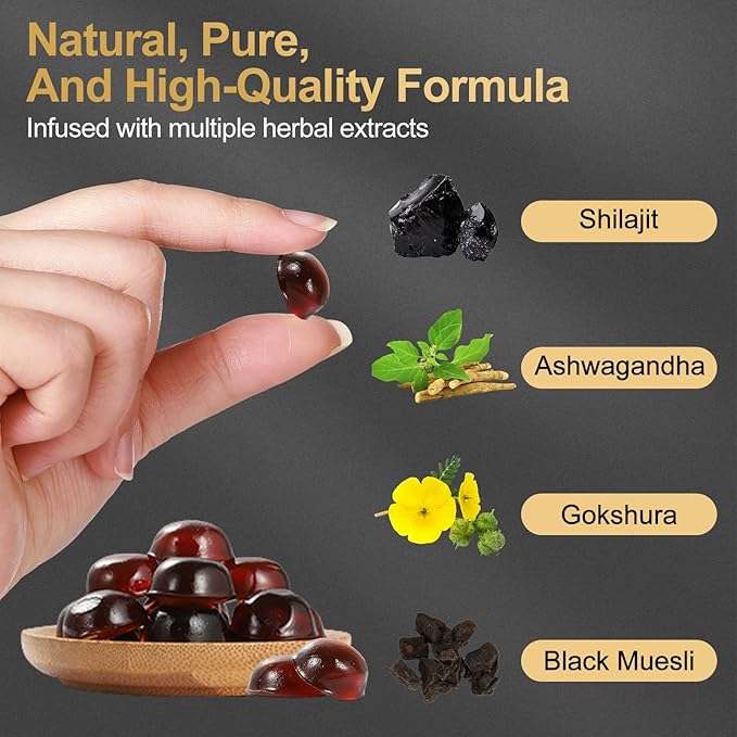 Shilajit Gummies for Men & Women, Rich in Ashwagandha & Gokshura, Fulvic Acid & 85+ Trace Minerals Micronutrient Supplement for Energy & Wellness, 100% Pure Organic Natural - 80 Gummies