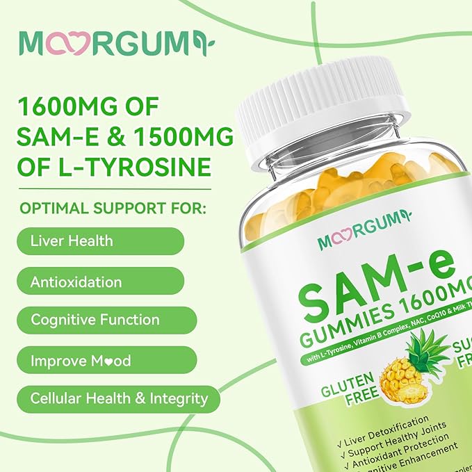 SAM-e L-Tyrosine Gummies with NAC, CoQ10 & Vitamin B Complex, 1600mg SAM-e, 1500mg L-Tyrosine Supplement for Energy, Cellular Antioxidant Support, Emotional Well-Being Support, 60 Count