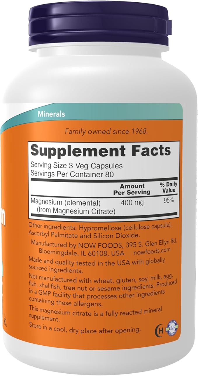 NOW Foods Supplements, Magnesium Citrate, Enzyme Function*, Nervous System Support*, 240 Veg Capsules