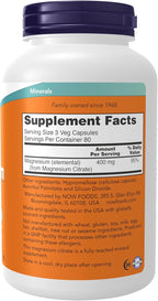 NOW Foods Supplements, Magnesium Citrate, Enzyme Function*, Nervous System Support*, 240 Veg Capsules
