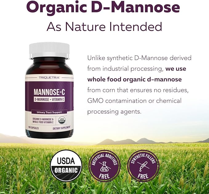 Mannose-C - Organic D-Mannose + Whole Food Vitamin C, Natural UTI Support Supplement to Flush & Cleanse Urinary Tract, Certified Organic Urinary Health for Women, Vegan, Non-GMO (180 Count)
