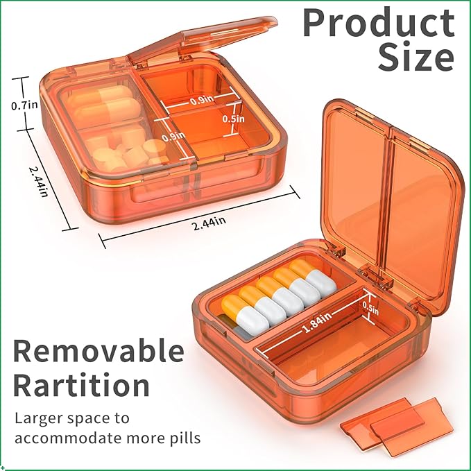 Small Pill Box,4 Compartments Travel Pill Case, Portable Pill Organizer,Mini Pill Container for Pocket,Daily Compact Travel Medicine Holder for Vitamins Fish Oil and Supplement Storage(Orange+Yellow)