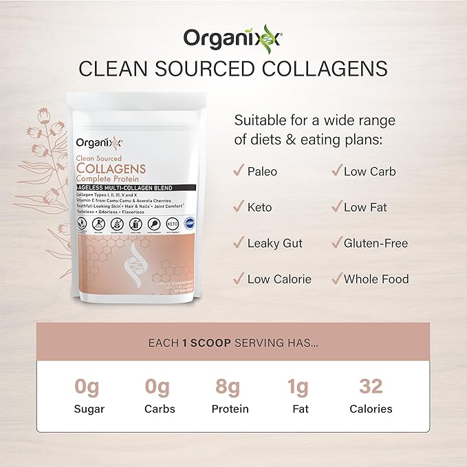 Organixx Clean Sourced Collagen Peptides Powder with Vitamin C, Types I, II, III, V, X Hydrolyzed Collagen, Hair, Nail, Skin, Bone & Joint Health, Aging Support, Gluten Free, Unflavored, 30 Servings