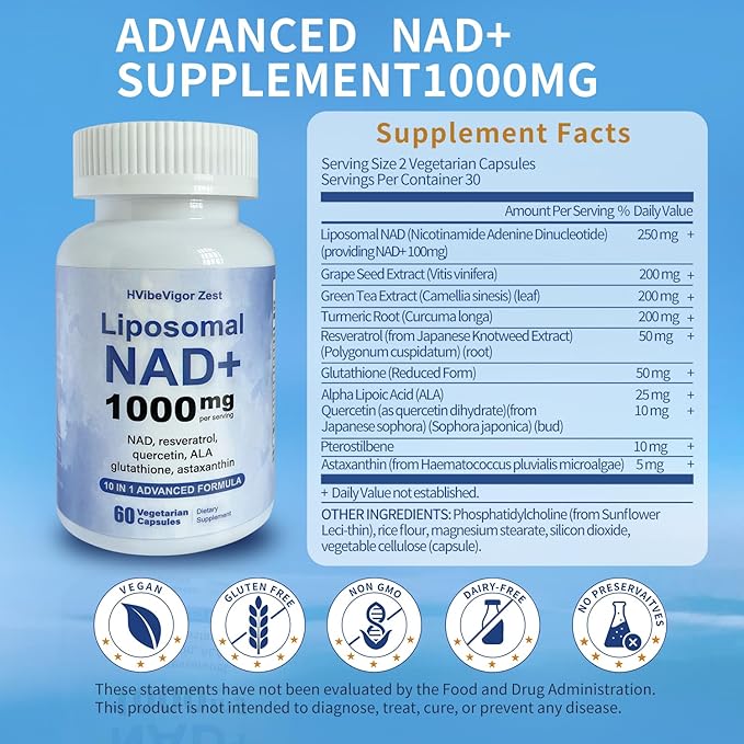 NAD Supplement 1000mg, Liposomal NAD+ Supplement with Resveratrol, Glutathione & Astaxanthin - Support Cellular Health, Stamina & Healthy Aging, NMN Supplement Alternative – 60 Capsules