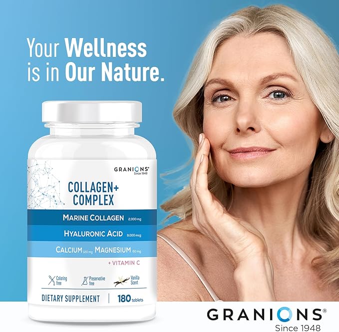 Granions Marine Collagen Pills – 2000mg Hydrolyzed Marine Collagen Peptides, Hyaluronic Acid, Vitamin C, Calcium, Magnesium – Skin, Hair, Nails, Pro Aging Hyaluronic Acid Supplements – 180 Tablets