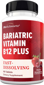 BioSchwartz Bariatric B12 Plus Dissolvable Tablets - 1000mcg Vitamin B12, Vitamin B6, Folate, Biotin - Cherry Strawberry Flavor, 3-Month Supply, Third Party Tested, for Bariatric Patients, 90 Count