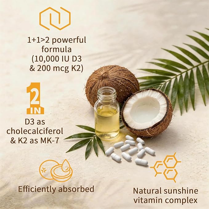2-in-1 Vitamin D3 K2 Supplement Capsules, Vitamin D3 10000 IU and Vitamin K2 200 mcg, K2 MK7 with D3 Vitamin Supplement Support Immune, Heart, Joint, Teeth & Bone Health