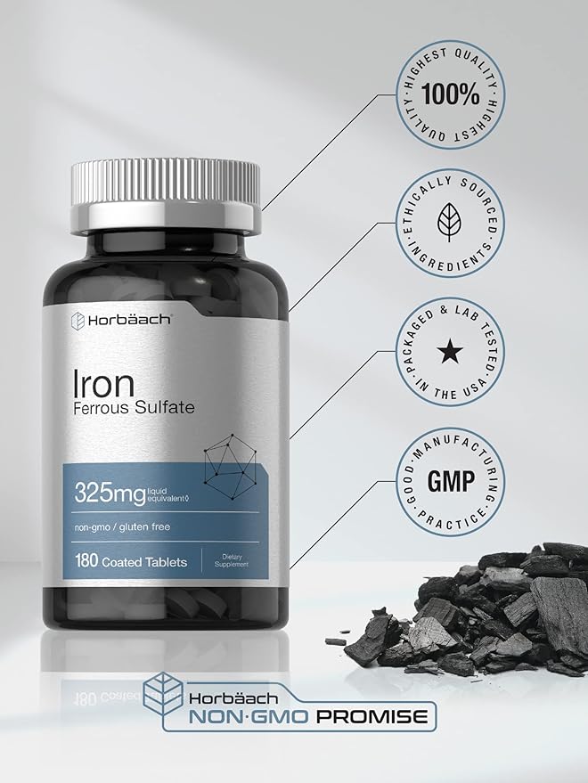Horbäach Iron Ferrous Sulfate | 180 Count | Vegetarian, Non-GMO & Gluten Free Dietary Supplement