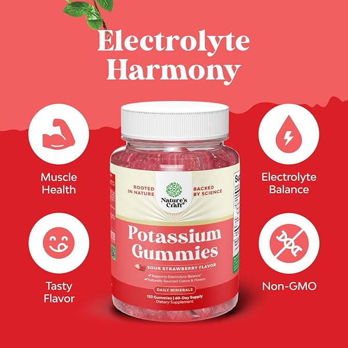 High Potency Potassium Gummies for Adults - Powerful Potassium Supplement Gummies for Optimal Health - Delicious Strawberry-Flavored - Vegan - 120 Count