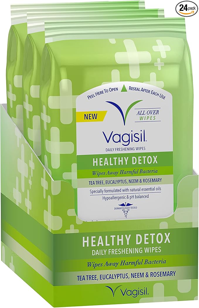 Vagisil Wipes for All Over Cleaning, Health Detox, Formulated with Essential Oils, 20 Wipes in a Re-Sealable Pouch (Pack of 24)
