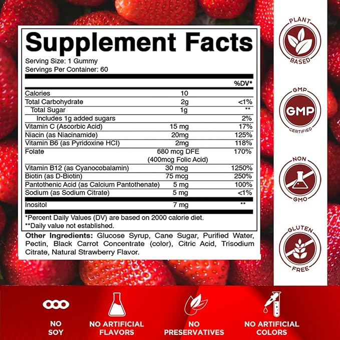 Vitamatic Vitamin B Complex Gummies with Vitamin C & Inositol - Natural Strawberry Flavor - 60 Gummies (2 Bottles)