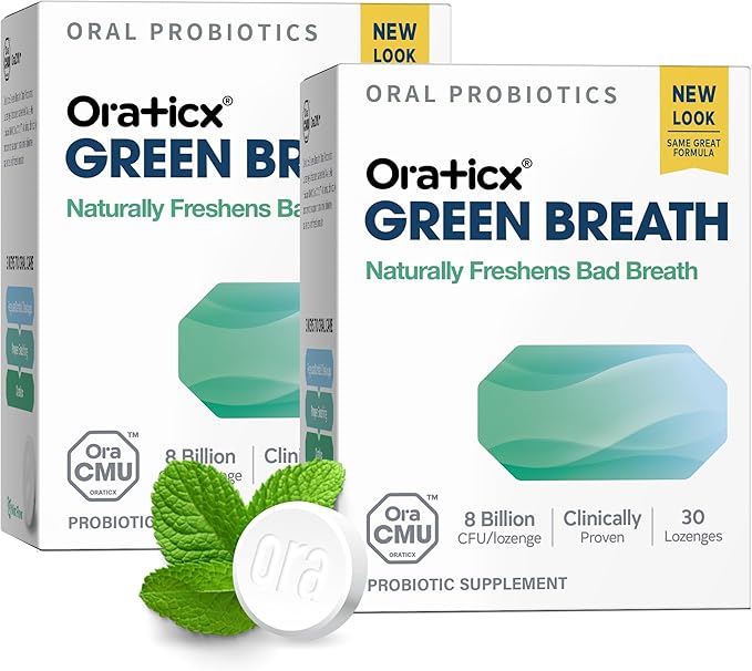 OraTicx Oral Probiotics Green Breath, Freshen Bad Breath, Dental Probiotic Supplement for Oral Health, 8 Billion CFU, Mint Flavor 30 Lozenges 2-Pack