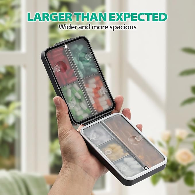 Travel Pill Organizer, Pill Organizer Travel with Labels and Storage Bag, 8 GRIDS Large Travel Pill Box, Moisture-Proof Airtight Daily Pill Case for Vitamin, Medicine, Fish Oil/Supplements, Black
