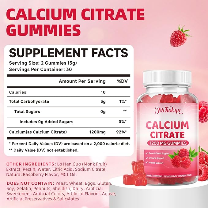 Calcium Citrate Gummies 1200mg Chewable Calcium Supplement for Women & Men, Supports Bone, Muscle & Immune Health, Sugar-Free, Non-GMO, Gluten-Free, Natural Raspberry Flavor, 60 Count