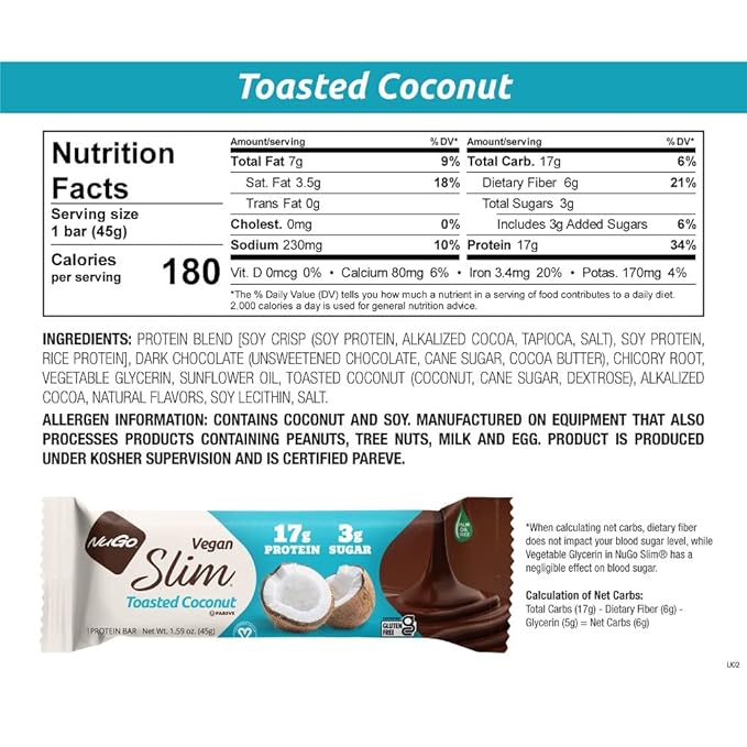 Nugo Slim Dark Chocolate Toasted Coconut, 16g Vegan Protein, 3g Sugar, 7g Fiber, Low Net Carb, Keto Friendly, Gluten Free, 24 Count