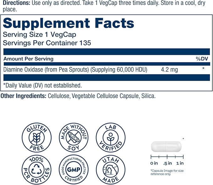 SOLARAY DAO Enzyme - Digestive Enzyme That Breaks Down Histamine - 60,000 HDU - Digestive Enzymes - Vegan, Gluten Free, Lab Verified - 135 Servings, 135 VegCaps