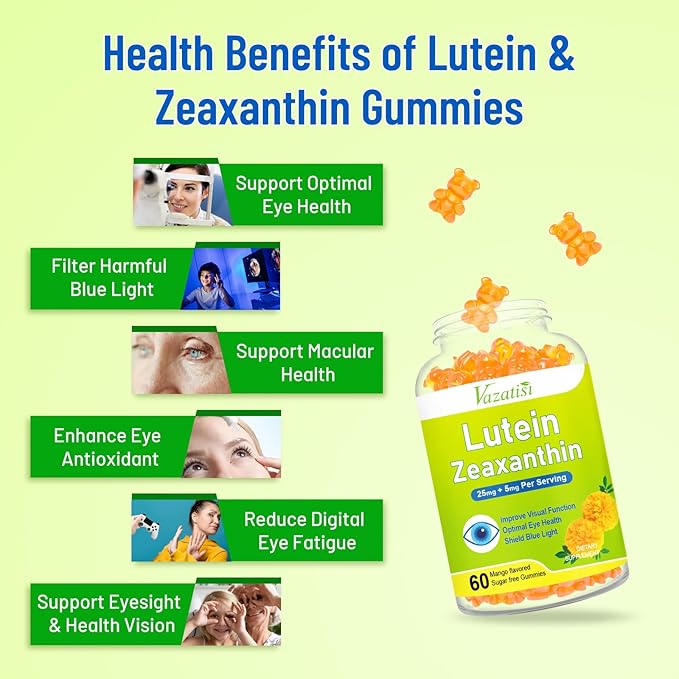 Eye Vitamins Lutein & Zeaxanthin Gummies, Sugar Free Eye Health Supplements with Bilberry, Astaxanthin - Support Blue Light, Visual Function and Macular Health - Mango Flavored, 60 Count