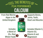 Plant Based Calcium - Red Marine Algae Calcium Supplement with Vitamin C, D3, K, Magnesium, and Whole Food Vegetable Blend. Vegan Capsules for Bones and Joints. 120 Pills, Tablets