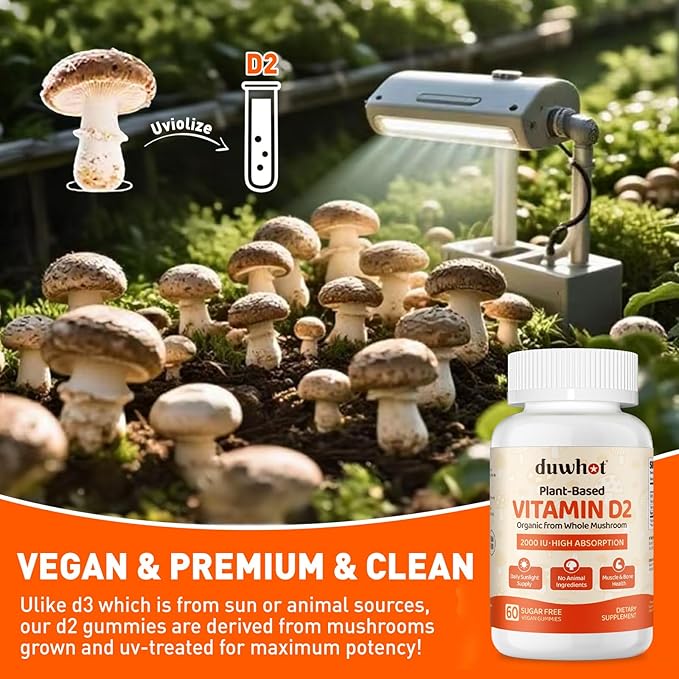 duwhot Vitamin D2 Gummies 2000 IU, Plant-Based D2 Vitamin Supplement from Whole Mushroom, Immune Support, Daily Sunshine Supply，Vegan, Non-GMO, Orange, 120