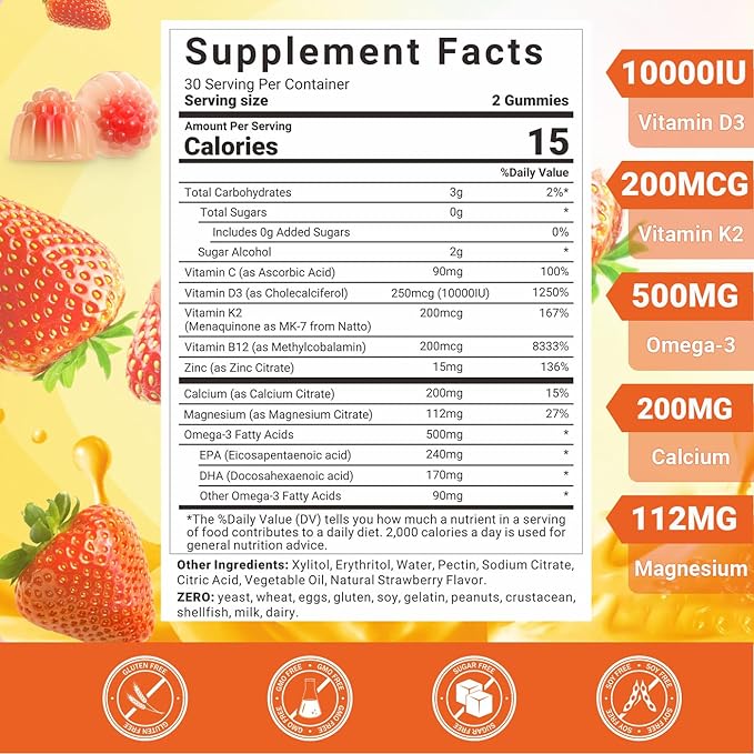 Vitamin D3 K2 Gummies, Sugar Free D3 K2 Vitamin with Omega 3, Calcium, Magnesium for Bone Muscle Teeth Immune