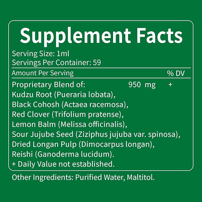 Kudzu Root Drops, Natural Supplement for Menopause Relief, Relaxation & Immune Support, Herbal Complex w/Black Cohosh Red Clover and More Extracts. 2 oz