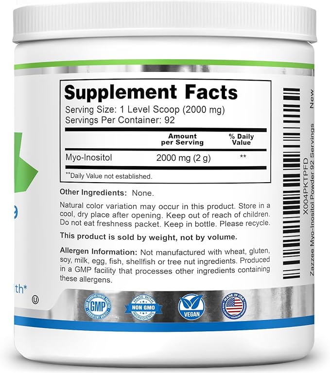 Zazzee Myo-Inositol Powder, 6 Month Supply, 183 Servings, 2000 mg per Serving, Free Scoop for Exact Dosage, 12.91 Ounces, Certified Kosher, 100% Pure, Fertility & Reproductive Support, Made in the USA