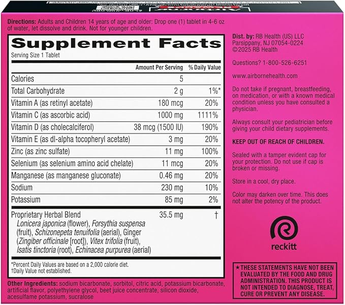 Airborne 1000mg Vitamin C with Vitamin D & Zinc, Sugar Free Multivitamin Immune Support Supplement, Antioxidants Vitamins A C & Vitamin E, 30 Effervescent Tablets, Very Berry Flavor