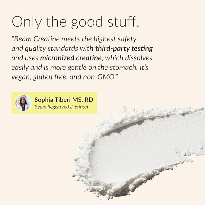 Beam Creatine Monohydrate Powder – 5g Micronized Creatine Monohydrate, Third Party Tested Creatine for Women & Men, Muscle Strength, Growth, Recovery & Cognitive Support, Unflavored, 100 Servings