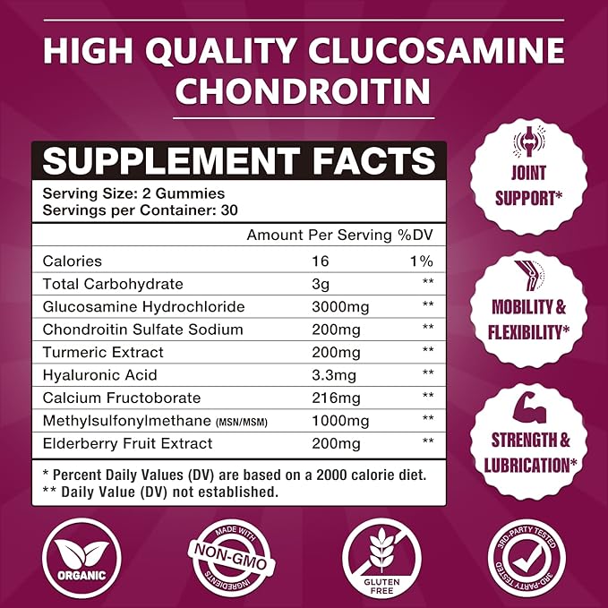 3000MG 1 Pack Glucosamine Chondroitin Gummies, Extra Strength Joint Support Supplement with MSM & Elderberry, Flexibility, Antioxidant Immune Support Gummy for Adults, Men & Women 60Cts