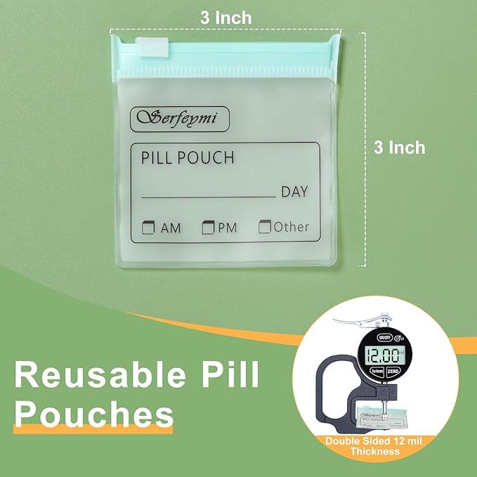 Serfeymi 72 Pcs Pill Pouch Bags for Travel Reusable Plastic Bags 3"x3" 12 mil (Double Sided) Translucent Zipper Pill Pouches for Medicine with Slide Lock & Writable Label, 1x Marker-Green+White
