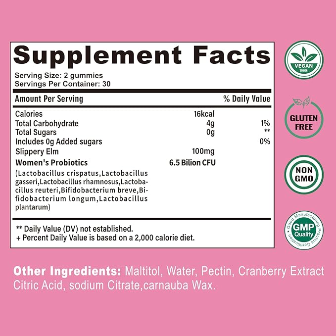 Vagina & Breast Probiotic Gummies for Women,with Slippery Elm Cranberry Extract,Supports Women’s Wellness & PH Balance,Clean,60 Gummies
