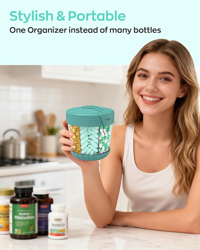HIONXMGA Large Pill Dispenser, Portable Pill Bottle Organizer for 7 Vitamins, Anti-Mix Supplement Organizer with Easy Twist Wide Opening, BPA-Free Pill Container, 20 Pcs Labels Included, Cyan