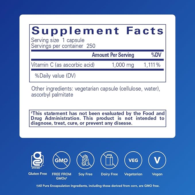 Pure Encapsulations Ascorbic Acid Capsules - 1,000 mg Vitamin C - Antioxidant & Immune Support* - High-Potency Vitamin C - Vegan & Non-GMO - 250 Capsules