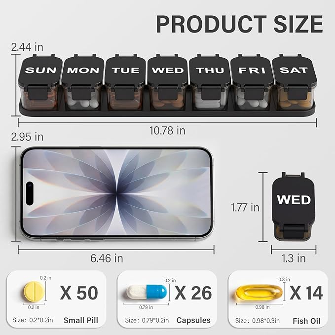 Extra Large Weekly Pill Organizer - Waterproof 7-Day Pill Box, Portable Vitamin & Supplement Case, Easy to Open Design, Ideal for Travel and Daily Medication Management,Black