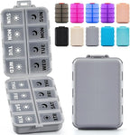 Foldable Weekly Pill Organizer 2 Times a Day with 2 Extra Compartments (Clear Printed Labels) - Portable 7 Day AM PM Medicine Box, Week Daily Travel Pill Case Holder for Vitamin, Supplement - Grey
