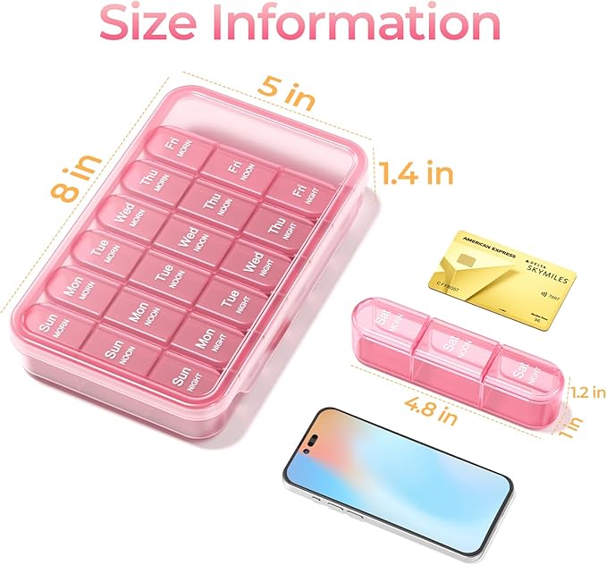 Daviky Pill Organizer 3X a Day, Weekly Pill Box 7 Day, Travel Pill Case with Large Containers, 3 Times Medcine Organizer for Vitamins, Medication, Supplements and Fish Oils (Pink)